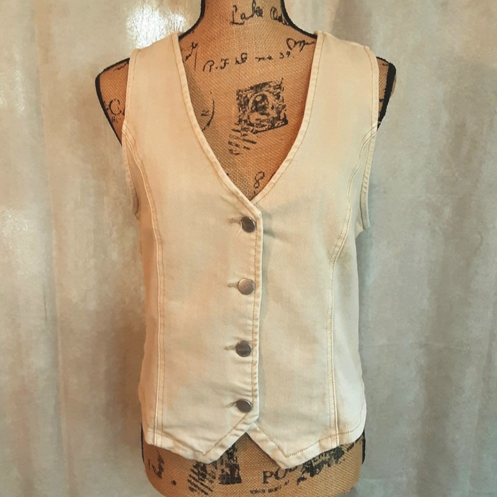 NWT - RISEN Stretch Denim Khaki Tan Crop Vest Button Front Size M